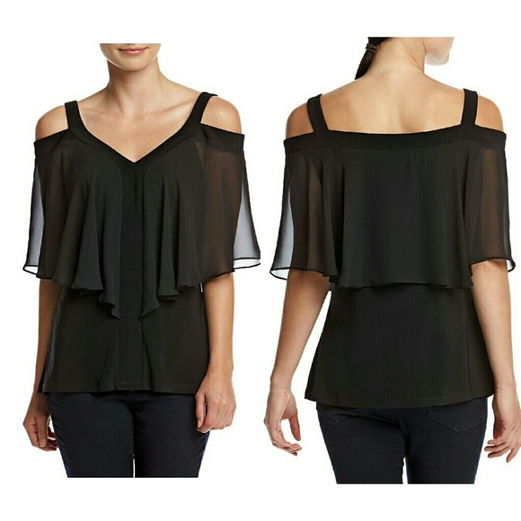 MSK Tops - MSK Cold-shoulder Flutter Sleeve Black Top Blouse